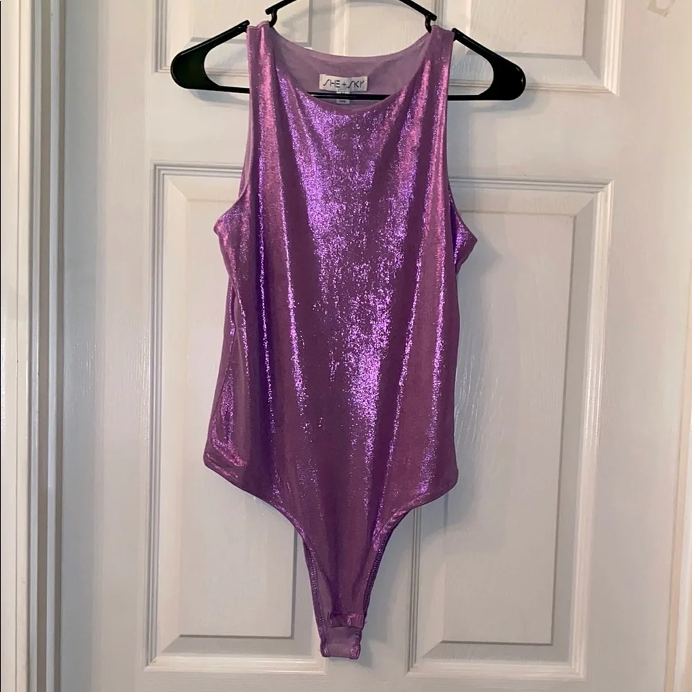 SHE + SKY Lilac Metallic One Piece Bodysuit NWTs - Picture 3 of 10
